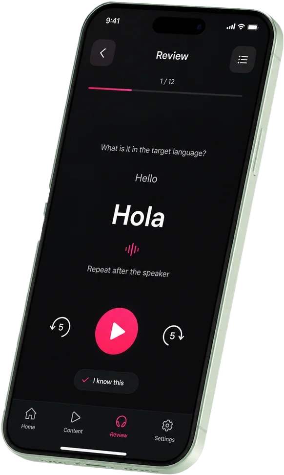The Audioma review screen, prompting the learner to say Hello in Spanish